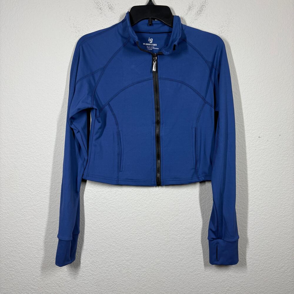 In Good State Medium Crop Full Zip Activewear Top Blue Thumb Hole Mock Neck